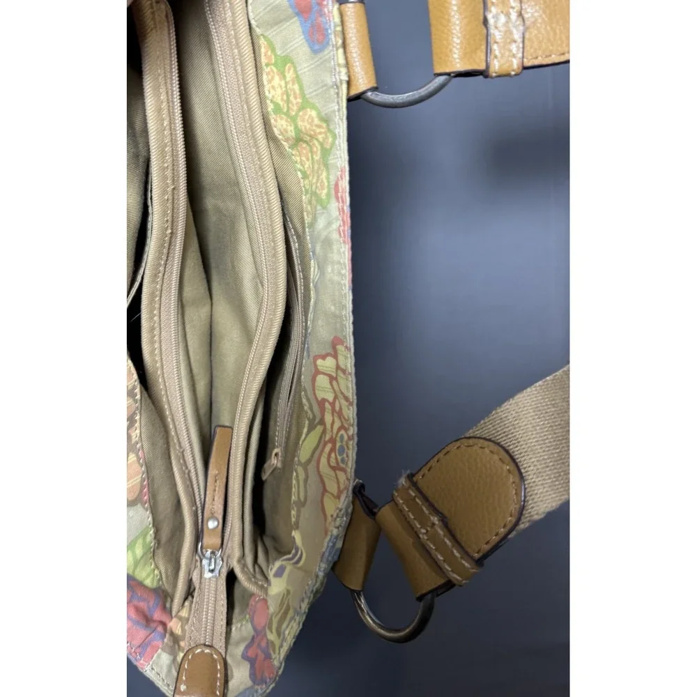Fossil Key-Per Floral Hobo Tote Bag Canvas & Leather Trim Shoulder Purse